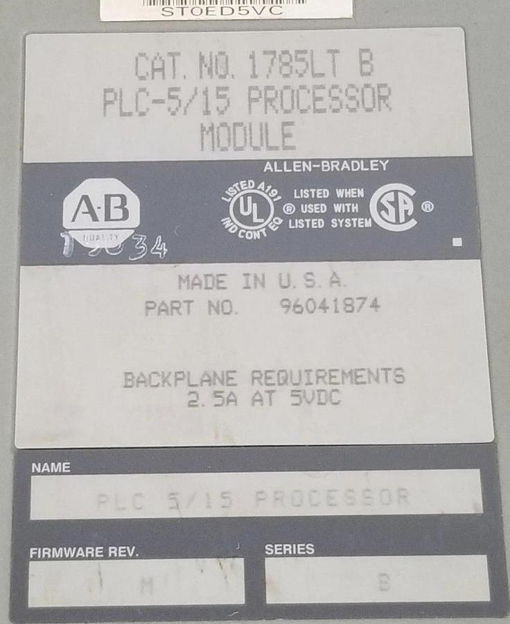 Used ALLEN BRADLEY 1785-LT/B PROCESSOR MODULE F/W REV. M SER. B 96041874 1785-LT