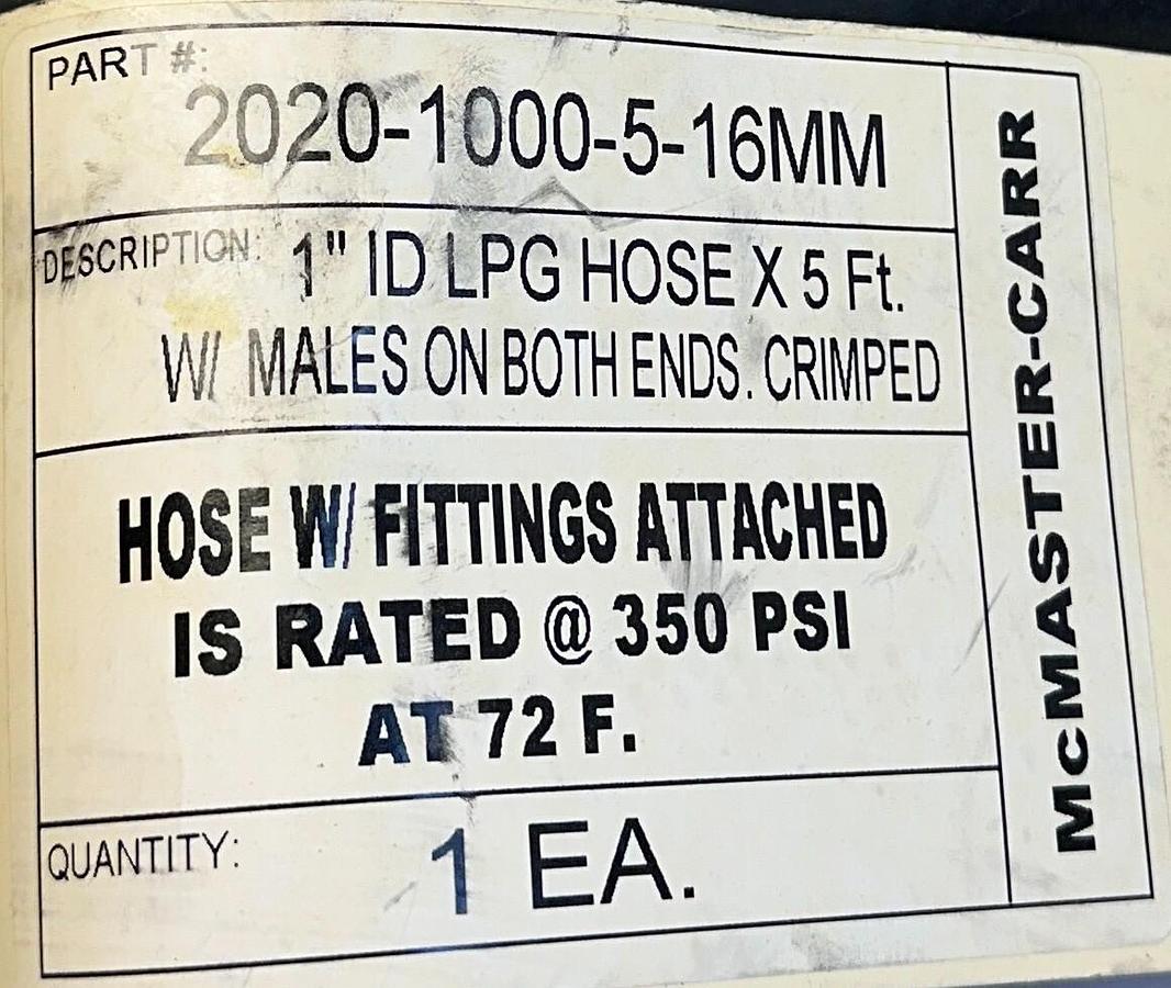 Used McMASTER-CARR 2020-1000-5-16MM / 20201000516MM 1'' ID LPG HOSE 5FT MALE END NSNP