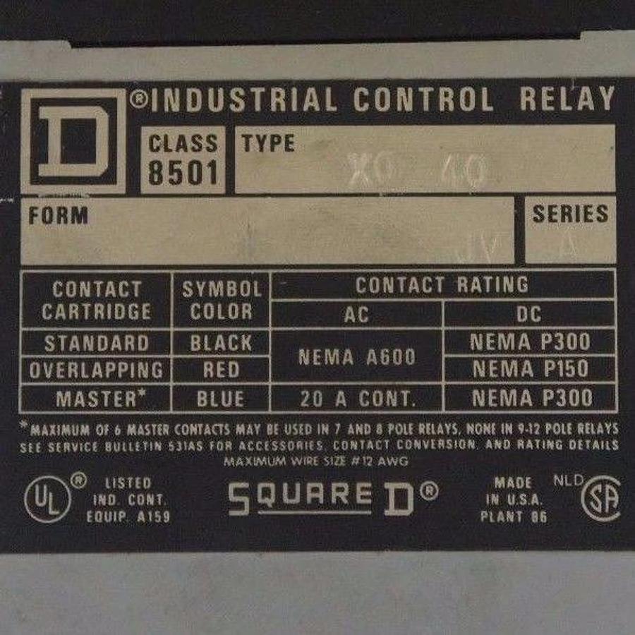 Used SQUARE D 8501-X0-40 TYPE X CONTROL RELAY SER A FORM JV 8501XO40 8501X040