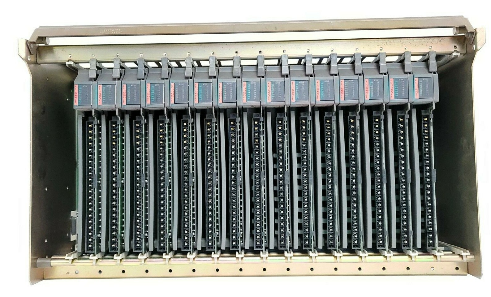 Used ALLEN BRADLEY 1771-A4B 16 SLOT I/O CHASSIS SER. B REV. K01 W/ 15 1771-IAD SER. D