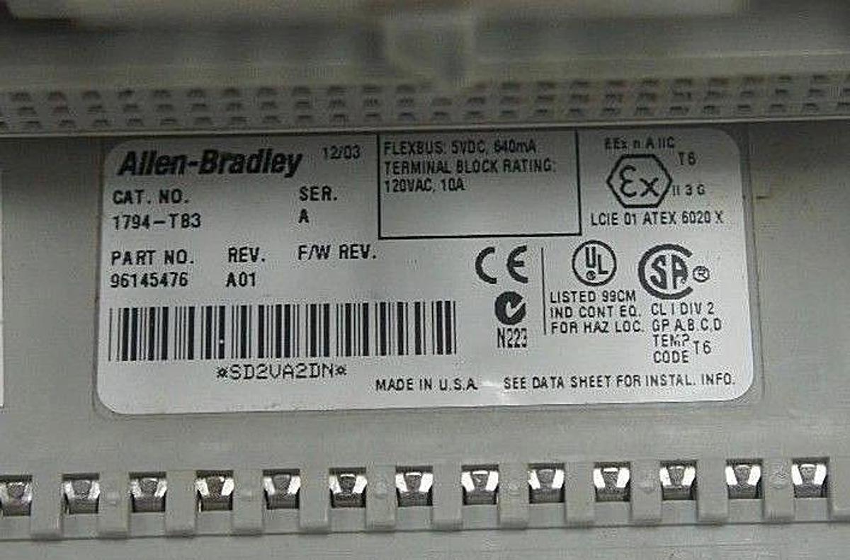Used ALLEN BRADLEY 1794-TB3 TERMINAL BASE 1794TB3 SER. A REV. A01 P/N: 96145476