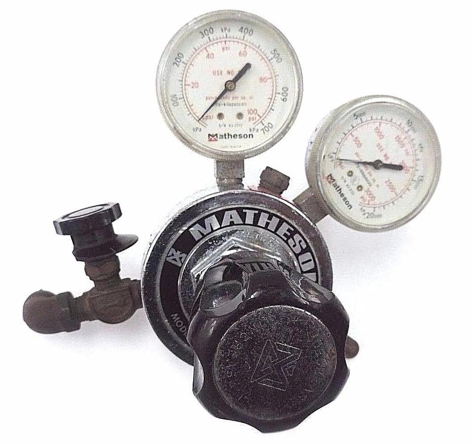 Used MATHESON GAS REGULATOR MODEL NO. 8-350 W/ 63-3112 & 63-3133 GAUGES, 8350