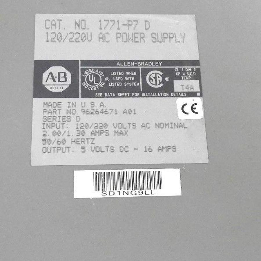 Used ALLEN BRADLEY 1771-P7 D POWER SUPPLY 1771P7, 120/220V SER. D REV. A01