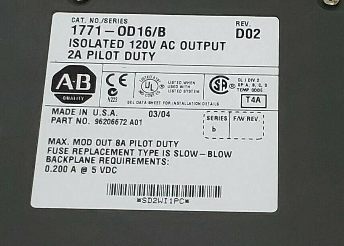Used ALLEN-BRADLEY 1771-OD16 SER. B ISOLATED 120V AC OUPUT MODULE 1771-OD16/B REV D02
