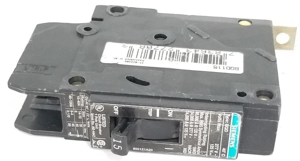 Used ITE SIEMENS BQD115 CIRCUIT BREAKER 15A 1P 277VAC AB-4447 800121A20