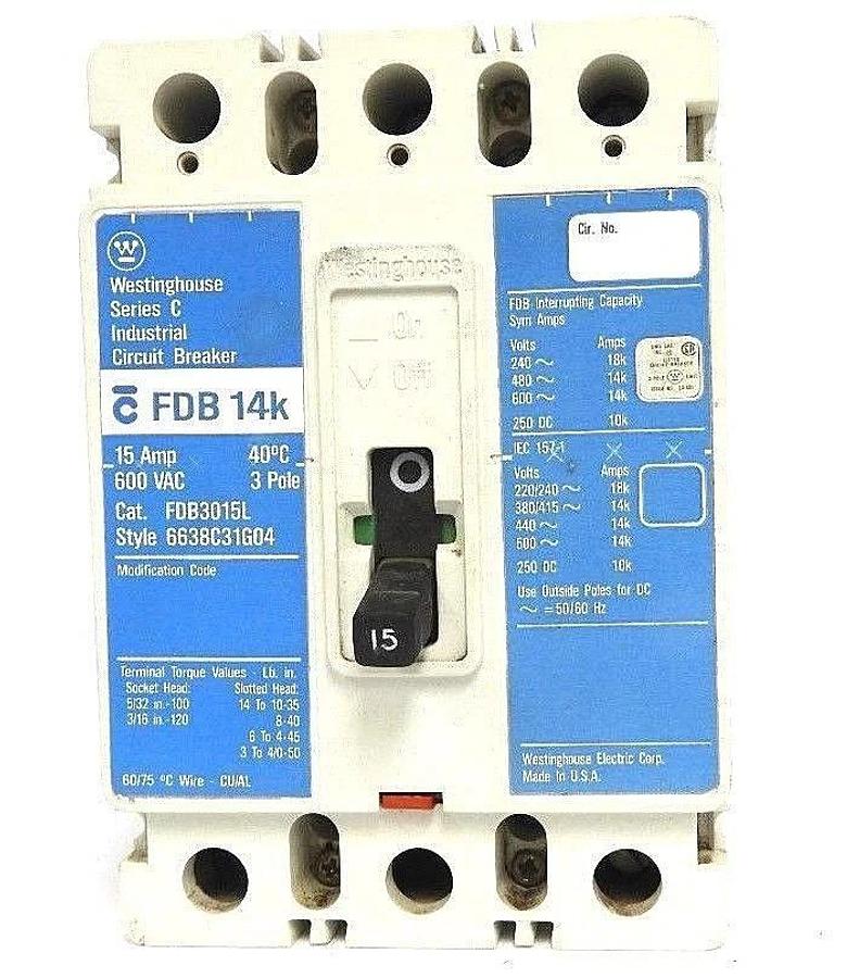 Used WESTINGHOUSE FDB3015L CIRCUIT BREAKER S# 6638C31G04, 15 AMP, SERIES C