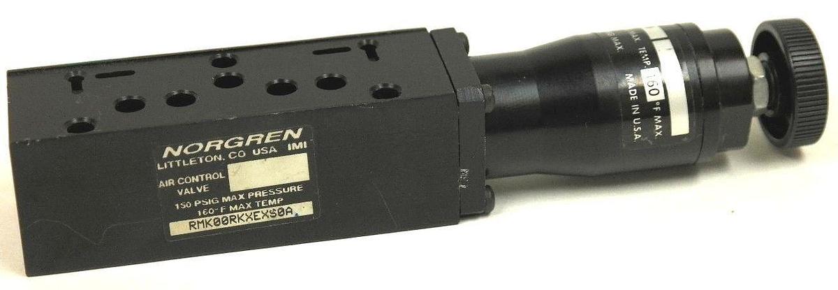 Used NORGREN RMK00RKXEXS0A AIR CONTROL VALVE INLET 150 PSIG, OUTLET 50 PSIG MAX