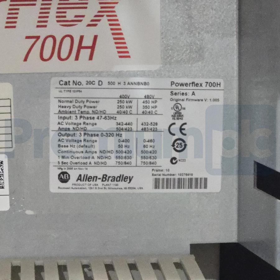 Used Allen-Bradley 20CD500H3ANNBNB0 /B PowerFlex 700H AC Drive 350/450HP 500A USPI