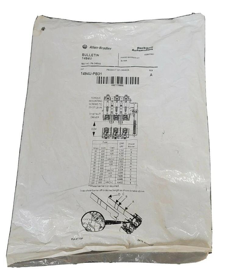 Used NEW ALLEN BRADLEY 1494U-PB31 PHASE BARRIER KIT 1494UPB31 SER. A