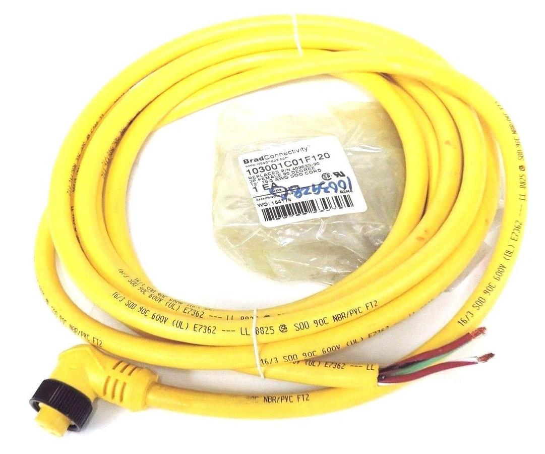 Used NEW BRAD HARRISON 103001C01F120 CORDSET 3P, FEMALE, 90 DEG. 12'