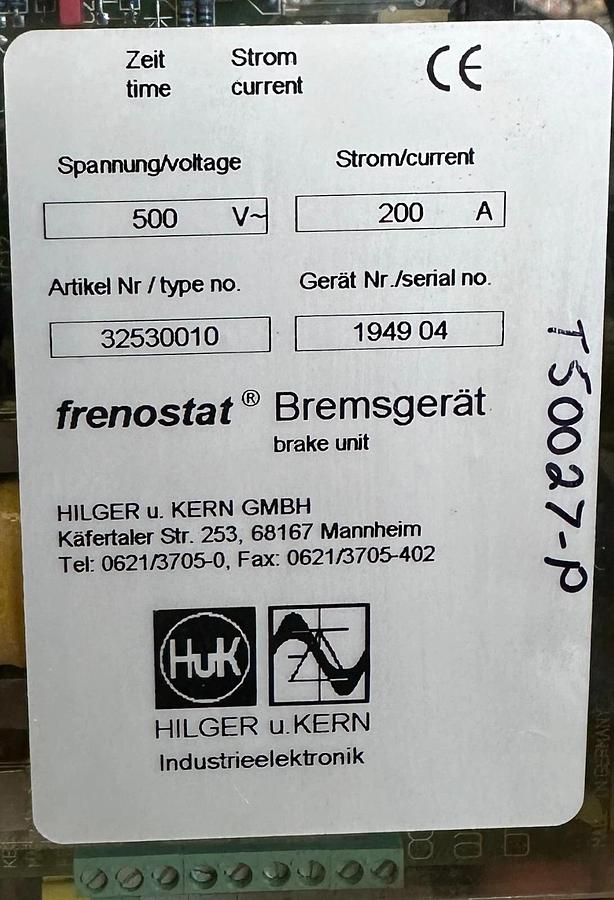 NEW HILGER u. KERN 32530010 frenostat BRAKE UNIT 500V 200A
