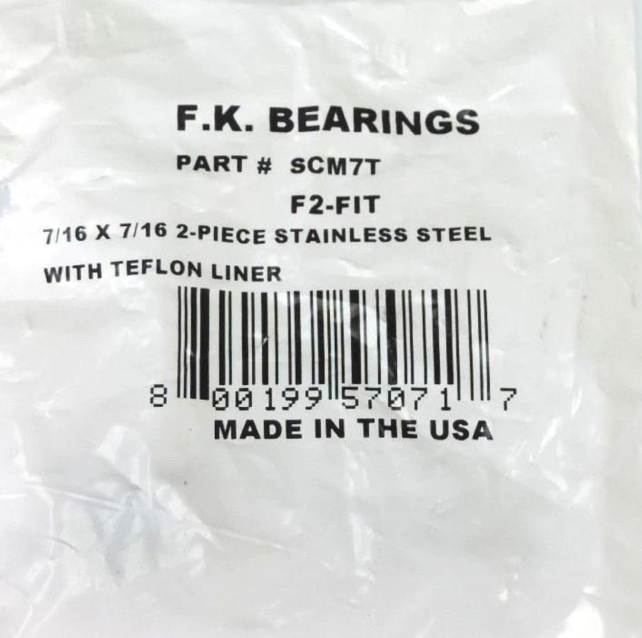 Used NEW F.K. BEARINGS P/N: SCM7T, F2-FIT 7/16 X 7/16 2-PIECE STAINLESS STEEL