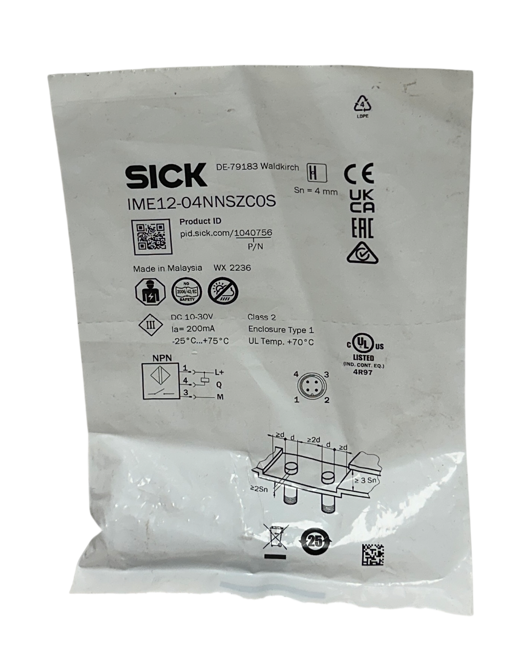 SICK IME12-04NNSZCOS / 1040756 INDUCTIVE PROXIMITY SENSOR 10-30VDC 200mA NSFS