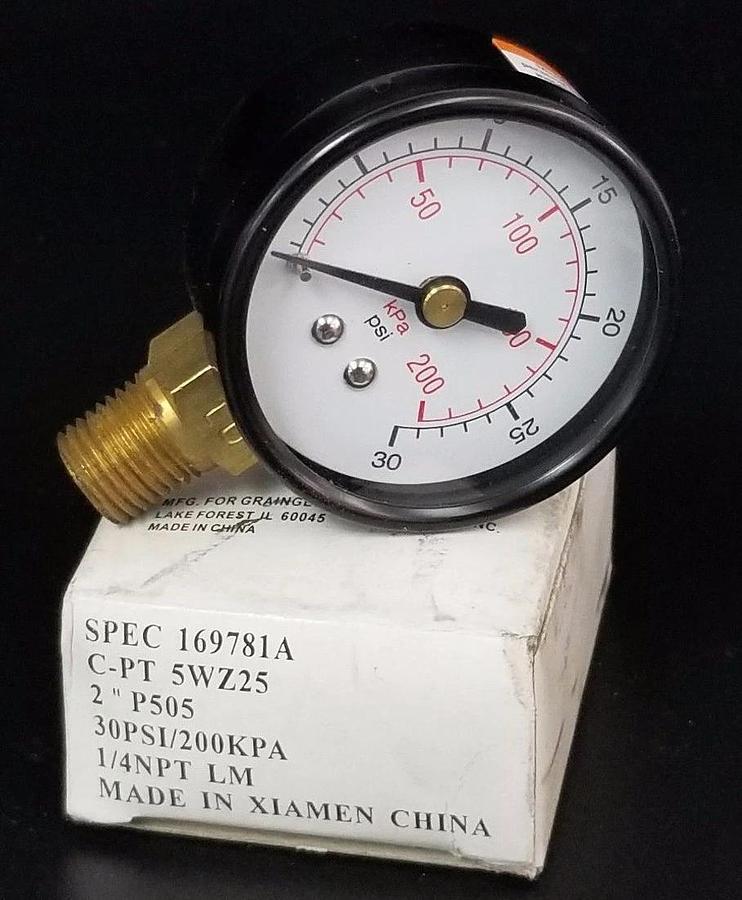 Used NIB GRAINGER 5WZ25 PRESSURE GAUGE 30PSI-200KPA 1/4IN NPT LM