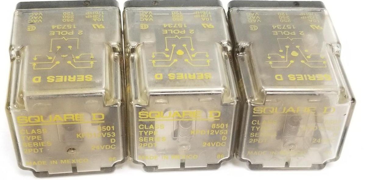 Used LOT OF 3 SQUARE D 8501-KPD12V53 GENERAL PURPOSE RELAY 8501KPD12V53, SER. D, 24V