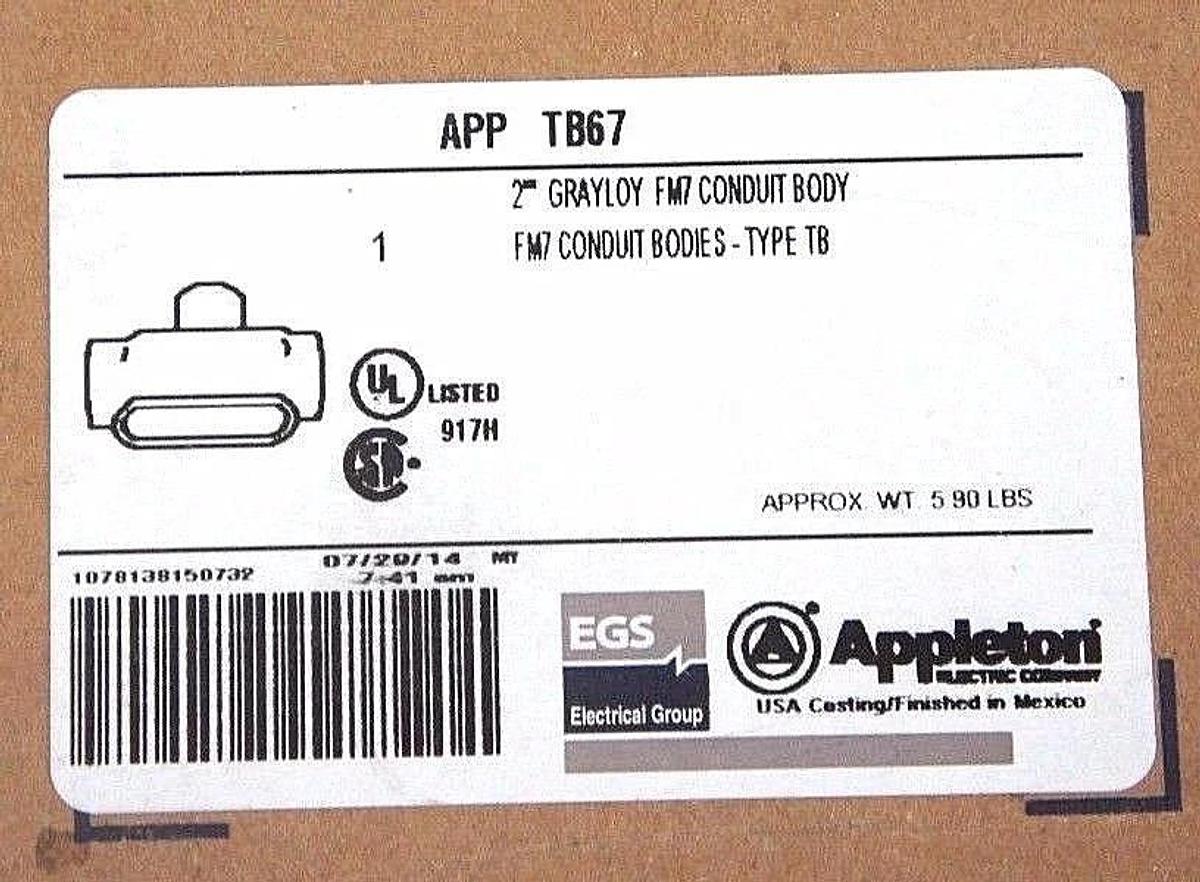 NIB APPLETON TB67 GRAYLOY FM7 CONDUIT BODY TYPE TB, 2"
