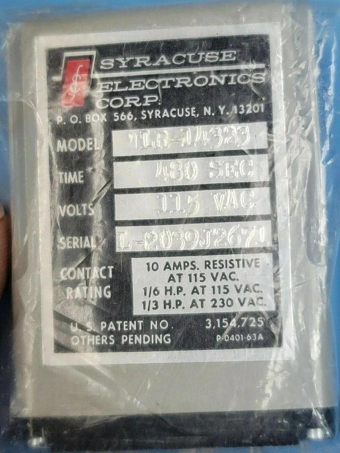 NEW SYRACUSE ELECTRONICS CORP. TLR-14323 TIMING RELAY 480 SEC 115V