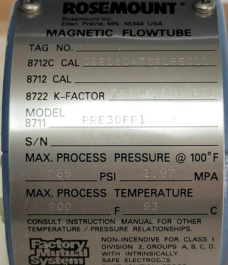 NIB ROSEMOUNT 8711RRE30FR1 MAGNETIC FLOWTUBE 285PSI 1.97MPA, 8711-3005-0001