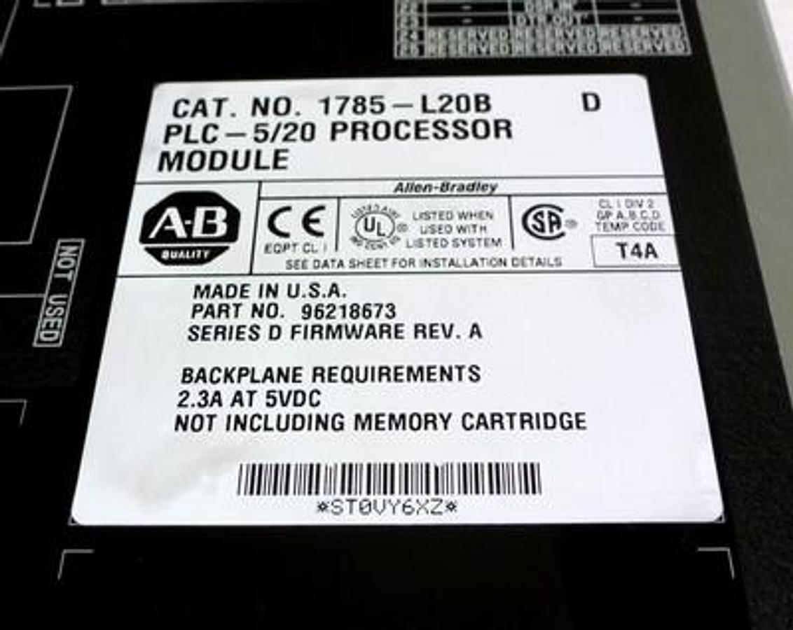 Used ALLEN BRADLEY 1785-L20B SER D PLC-5/20 PROCESSOR MODULE FIRMWARE REV. A 1785L20B