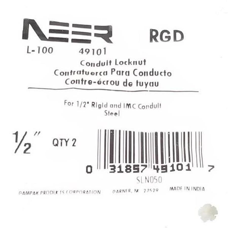 Used BAG OF 2 NEW NEER L-100 RGD CONDUIT LOCKNUT 49101, 1/2''