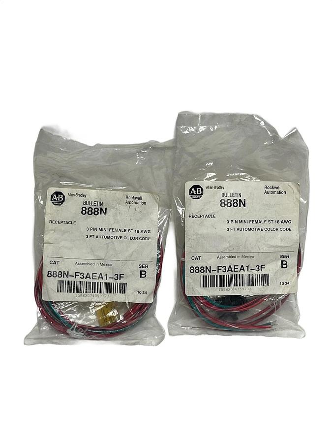 Used Lot of 2 Allen-Bradley 888N-F3AEA1-3F Mini Receptacle 3-Pin Female 3ft 18AWG NEW