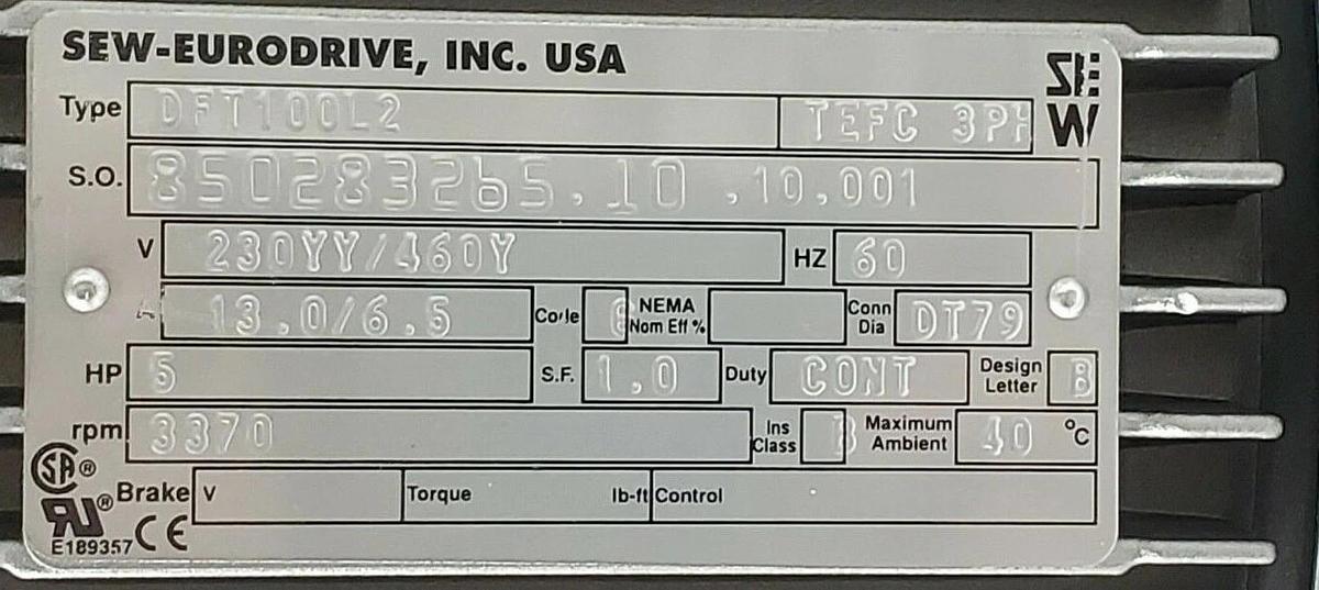 SEW-EURODRIVE DFT100L2 5HP 3370RPM MOTOR W/ KAZ37-DT100L2 GEARBOX KAZ37D5100L2