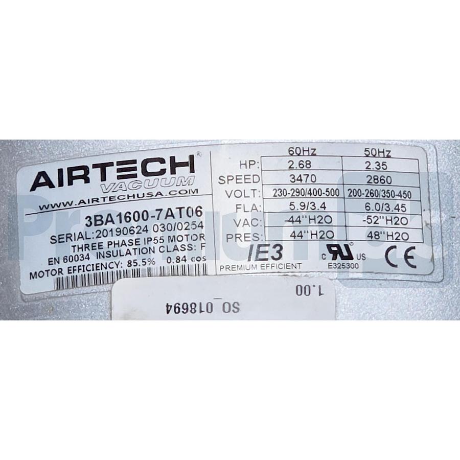 Used Airtech Vacuum 3BA1600-7AT06 3BA1 Regenerative Blower 235CFM 2.70 HP 3PH 2" NPT