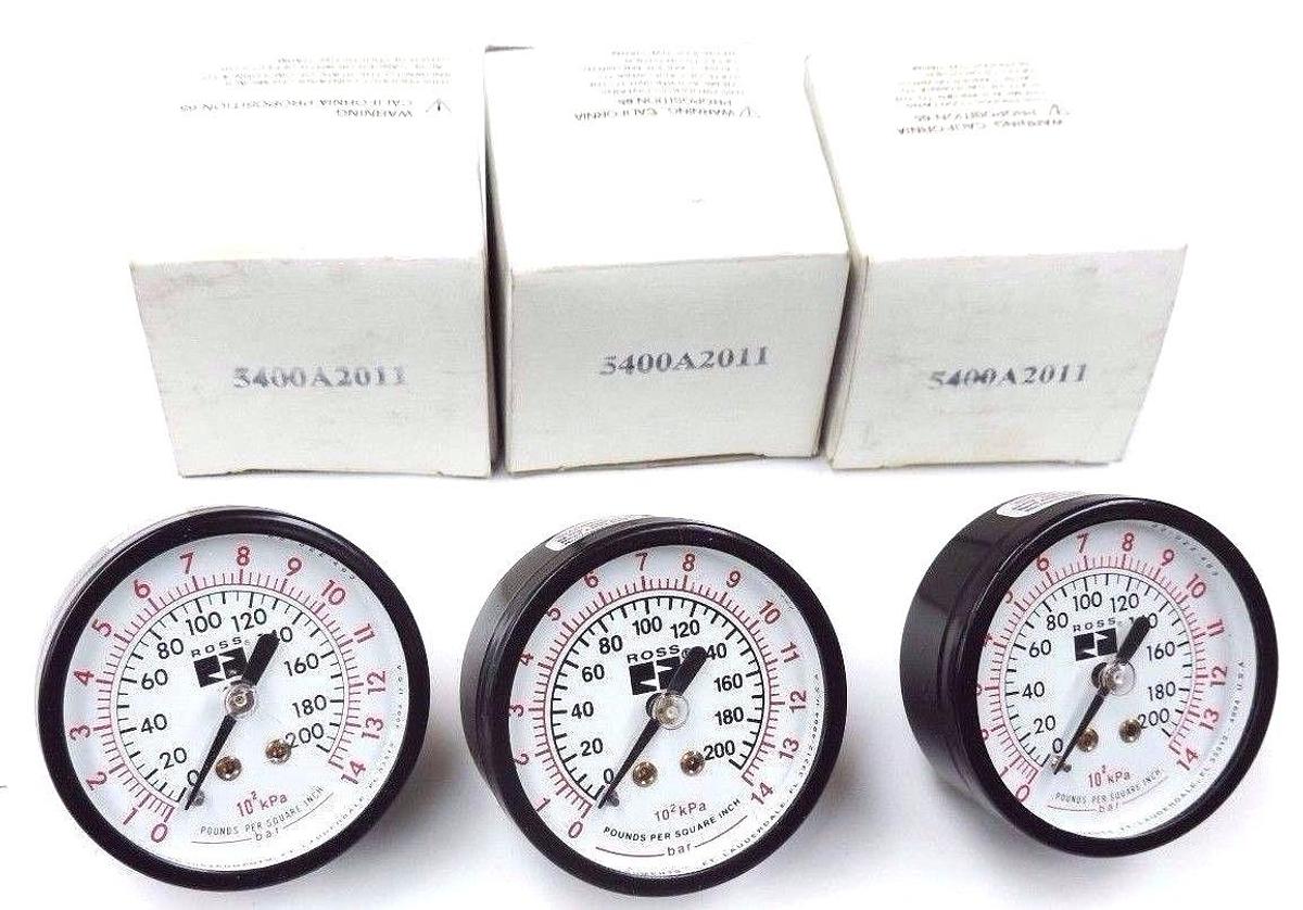 Used LOT OF 3 NIB ROSS 5400A2011, 1/4'' PRESSURE GAUGES 0-200