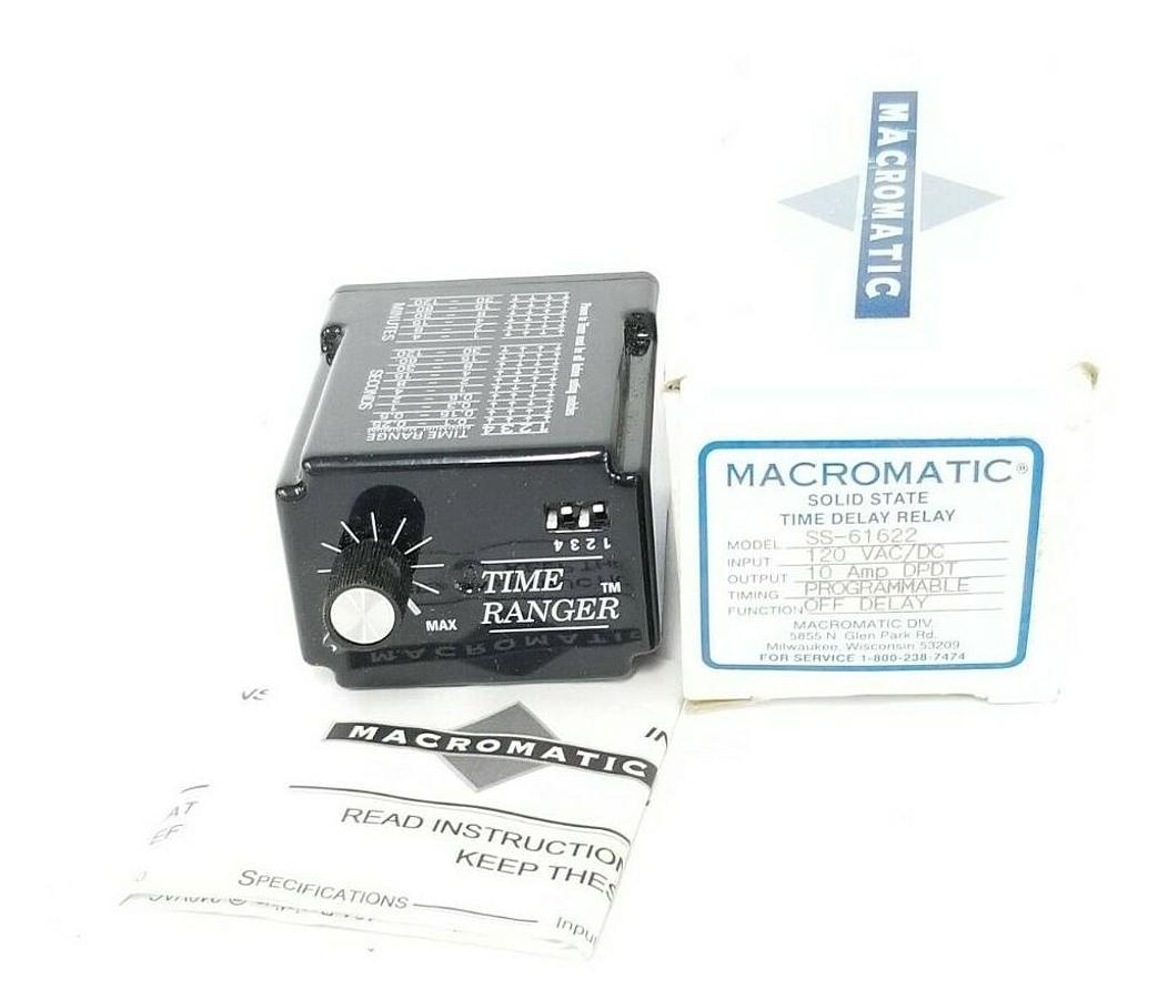 Used NIB MACROMATIC SS-61622 SOLID STATE TIME DELAY RELAY SS61622, 120 VAC/DC, 10 AMP