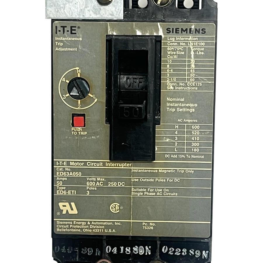 Used Siemens I-T-E ED63A050 Type ED-ETI Motor Circuit Interrupter 50A 3-Pole , USED