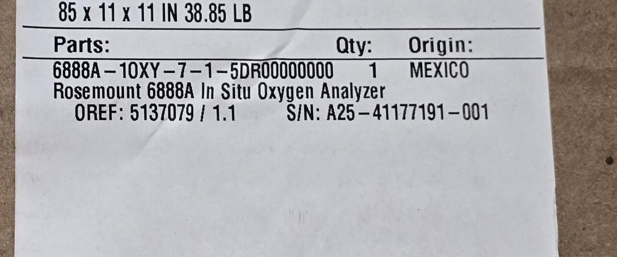 Used Emerson Rosemount 6888A-10XY-7-1-5DR-00-00-0-0 Oxygen Analyzer O2 Probe 6ft NSMP