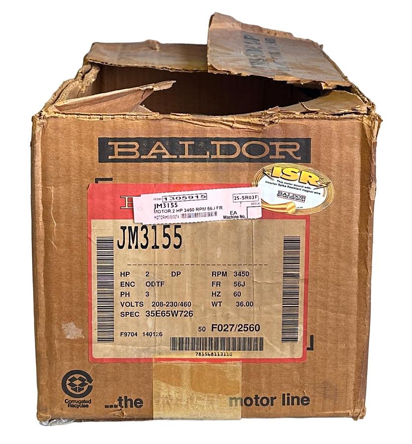 Used NEW BALDOR JM3155 ISR ELECTRIC MOTOR 2HP 3-PH 208-230/460V 3450RPM 35E65W726