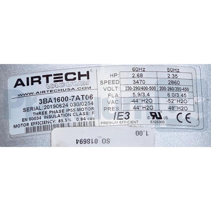 Airtech Vacuum 3BA1600-7AT06 3BA1 Regenerative Blower 235CFM 2.70 HP 3PH 2" NPT