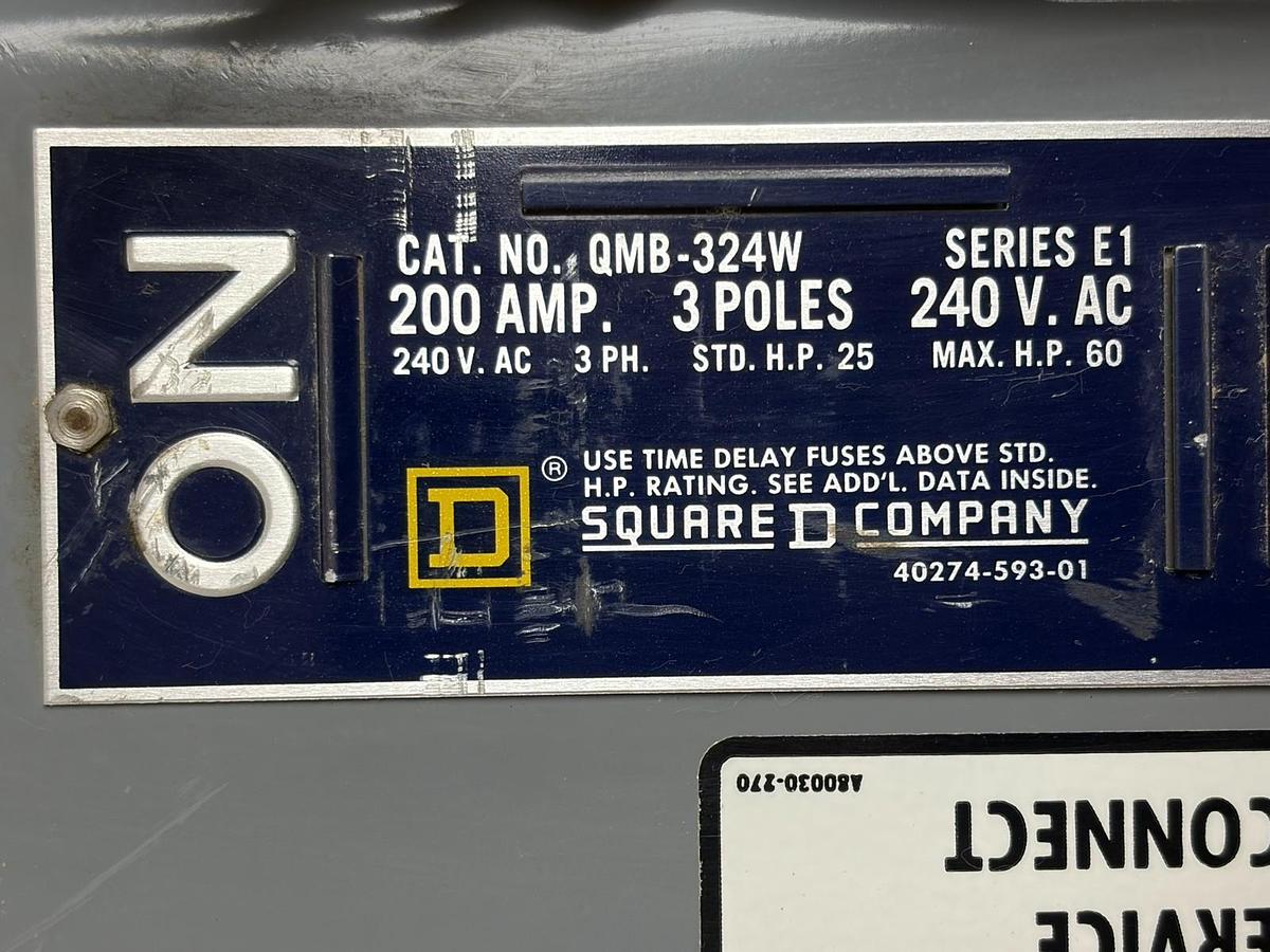 Used Square D QMB-324W QMB Branch Switch Panel Fusible Disconnect 200A 240V 3P E1