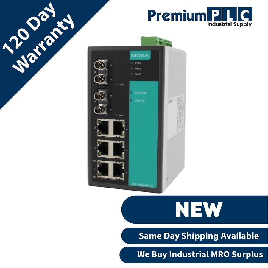 Used NEW MOXA EDS-508A-MM-ST 8 PORT ETHERNET SWITCH W/6-10/100BTX 2-MM ST FIBER PORTS