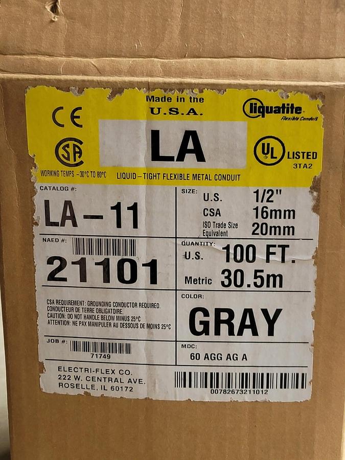 Used NEW LIQUADITE LA-11 1/2'' GRAY FLEXIBLE METAL CONDUIT 80FT LA11 LA