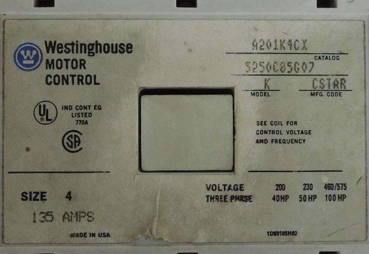 Used WESTINGHOUSE A201K4CX STARTER SIZE 4 MODEL K MFG CODE CSTAR 135AMP