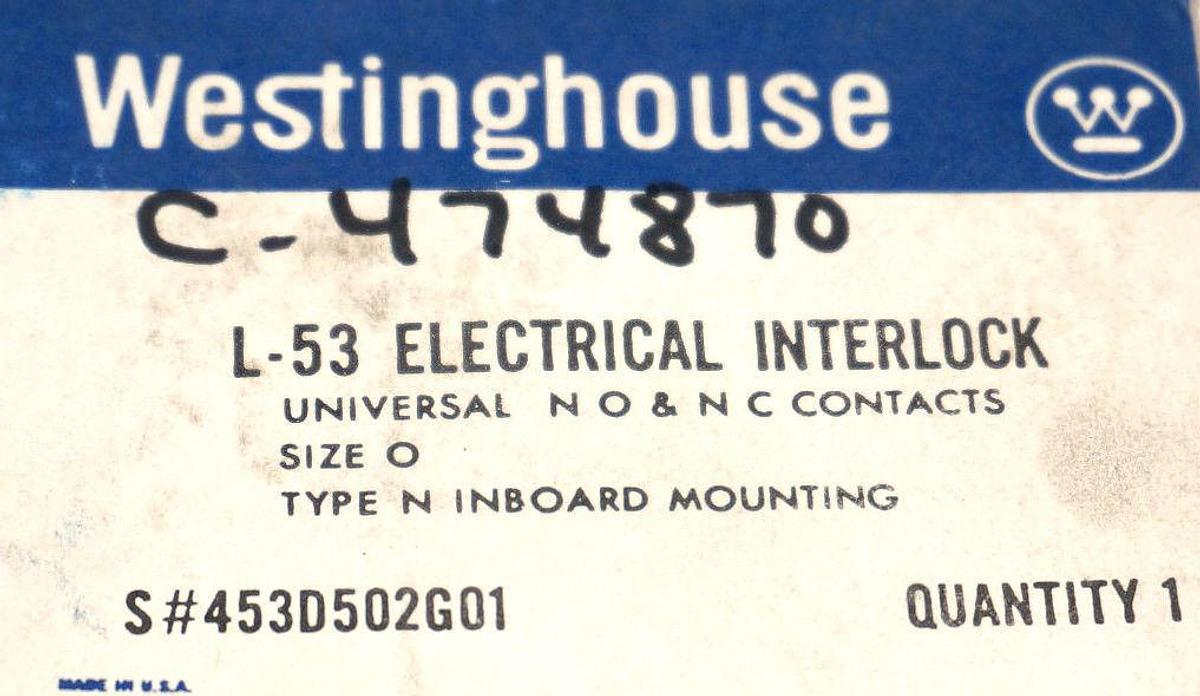 Used NIB WESTINGHOUSE 453D502G01 ELECTRICAL INTERLOCK L-53