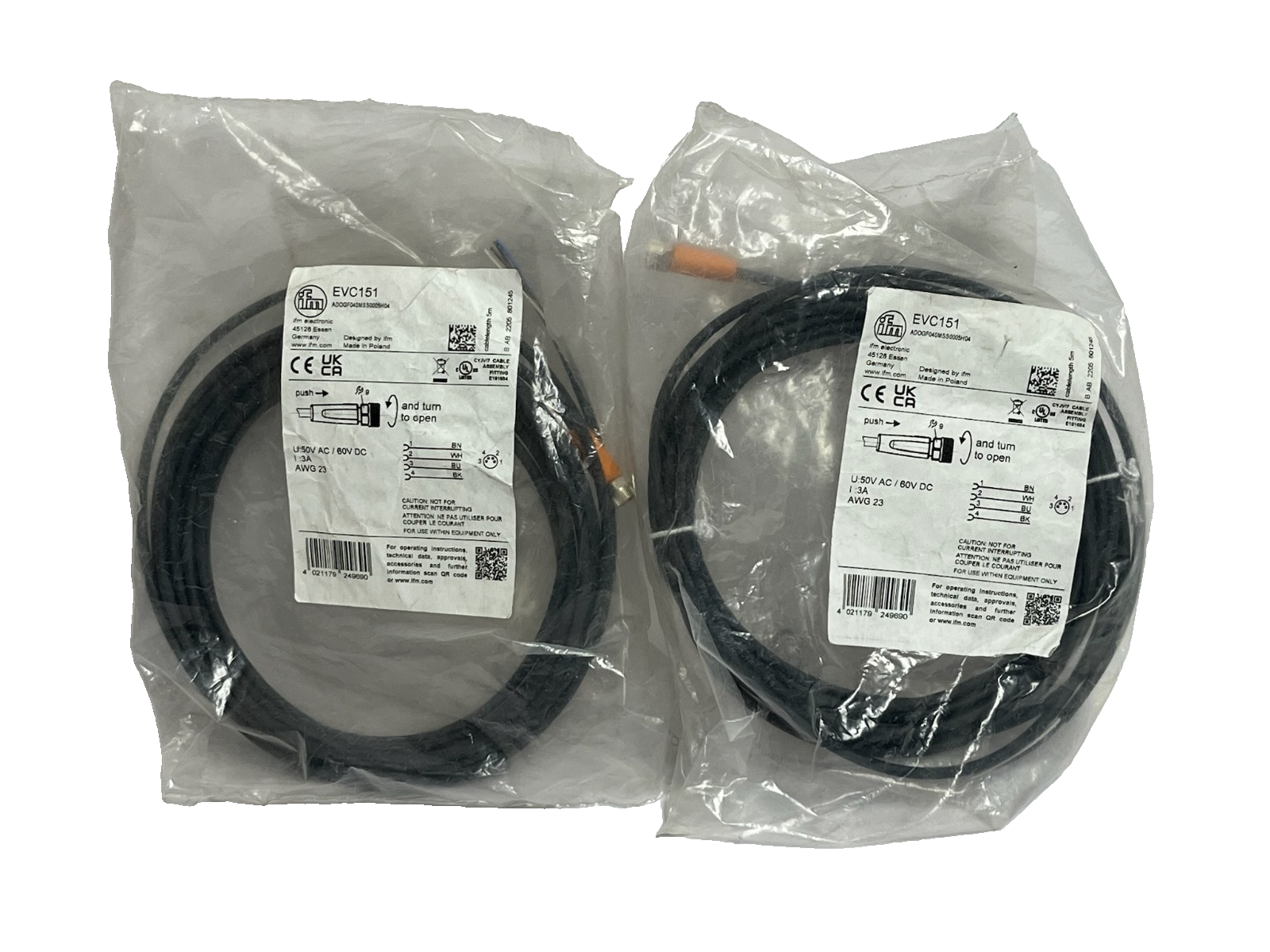 Used Lot of 2 ifm electronic EVC151 M12 Connection Cable 4-Pin 2m Black
