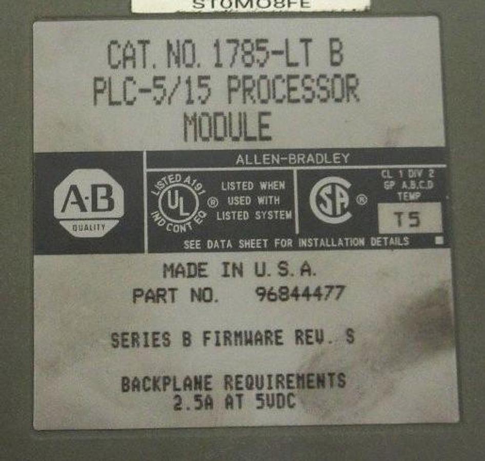 Used ALLEN BRADLEY 1785-LT/B PLC-5/15 PROCESSOR MODULE SER B PN 96844477 1785LT