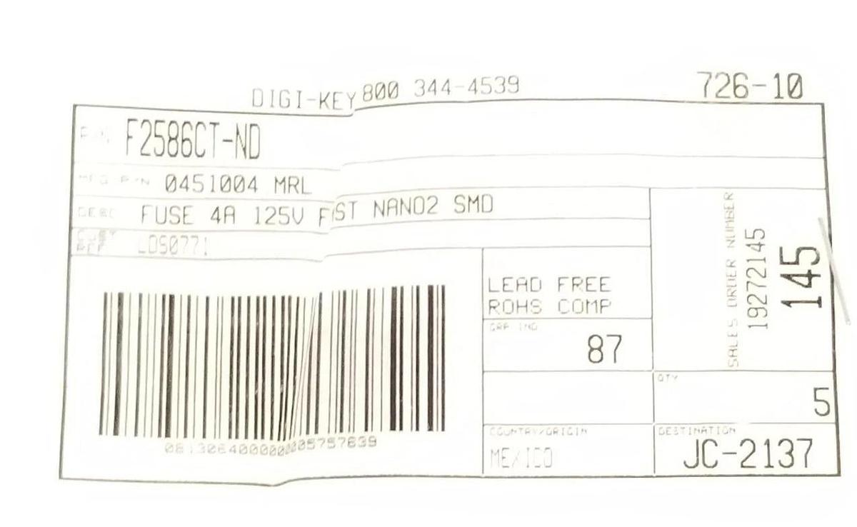 Used LOT OF 5 NEW DIGI-KEY 0451004.MRL FUSES 4A 125V FAST NANO2 SMD F2586CT-ND