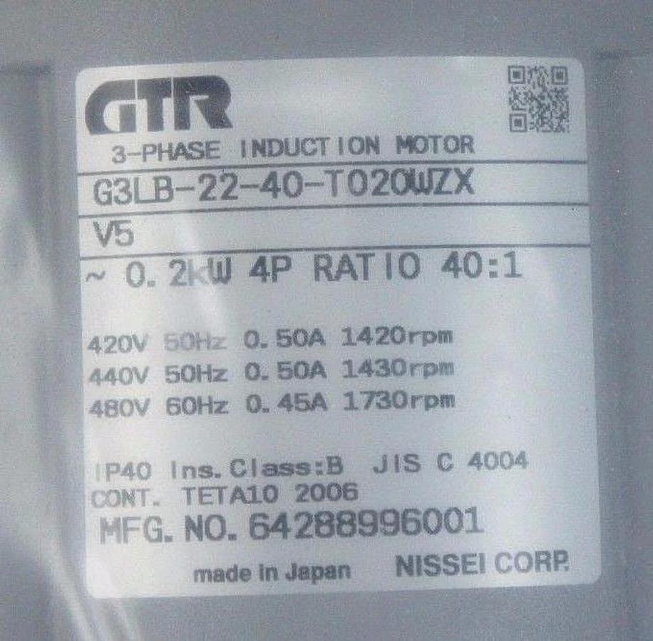 Used NIB NISSEI GTR G3LB-22-40-8020WZX 3-PHASE INDUCTION MOTOR MFG.NO. 64288996001
