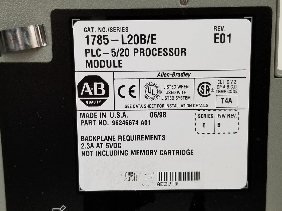 Used ALLEN BRADLEY 1785-L20B/E PROCESSOR MODULE REV. E01 SER. E F/W REV. B 96246674