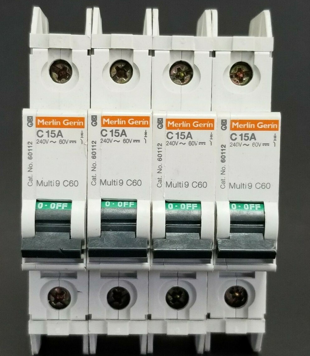 Used LOT OF 4 MERLIN GERIN CAT. NO. 60112 MULTI9 C60 CIRCUIT BREAKERS C15A 240V/60V