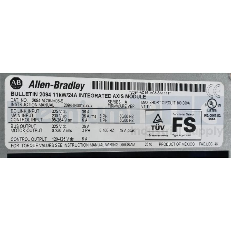 Used Allen Bradley 2094-AC16-M03-S /A Kinetix 6000 Multi-Axis Servo Drive 11kW USPI