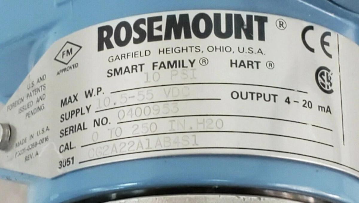Used ROSEMOUNT 3051CG2A22A1AB4S1 PRESSURE TRANSMITTER W/ SEAL BASE MODULE AND SENSOR