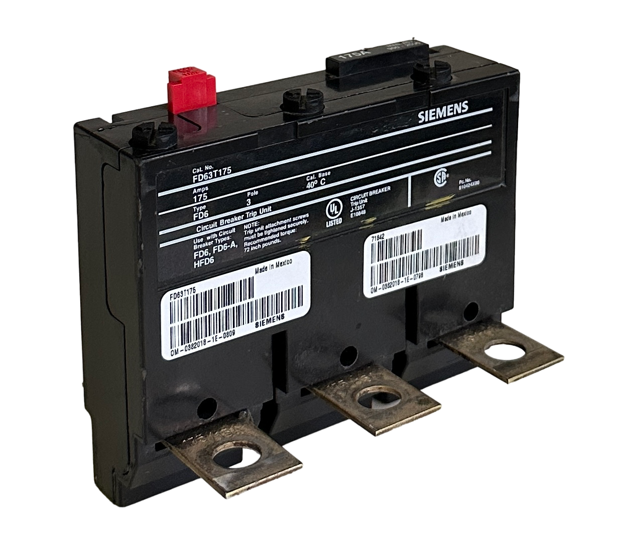 Used SIEMENS FD63T175 CIRCUIT BREAKER TRIP UNIT 175A 3-POLE FD6 FD6-A HFD6 71842