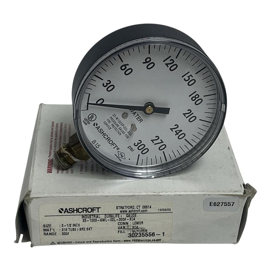 Used Ashcroft 35-W1005P-02L-XUL Pressure Gauge 3.5" Dial 1/4 NPT - Spare w/ Box