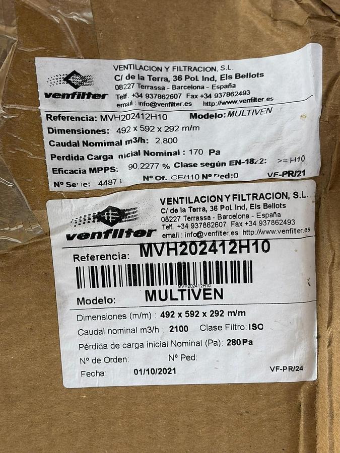 Used Venfilter Multiven MVH202412H10 HVAC HEPA Air Filter 492x592x292mm New