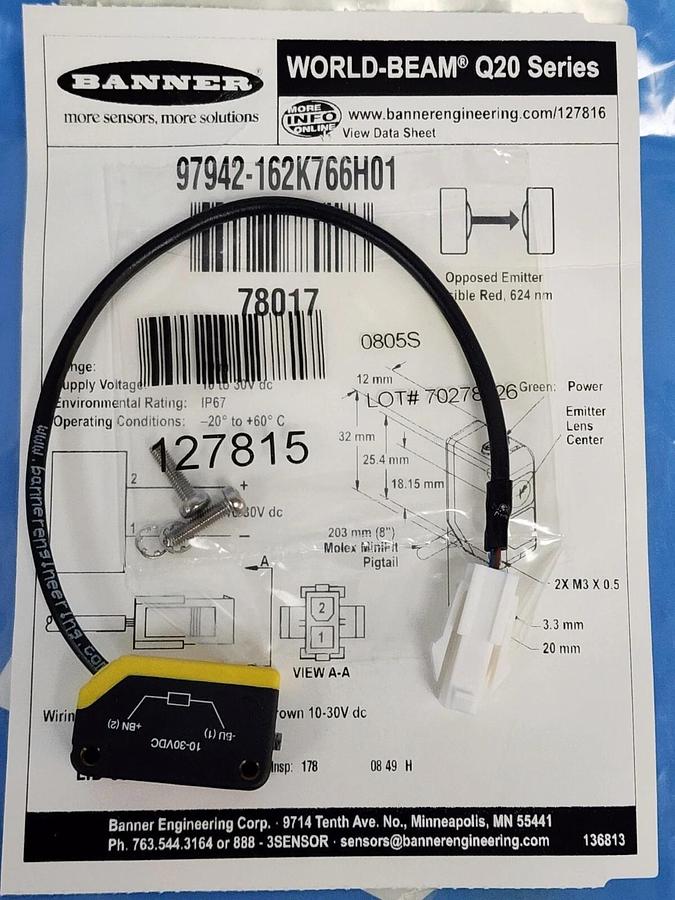 Used NEW BANNER 97942-162K766H01 PHOTOELECTRIC SENSOR 78017, Q20E-78017